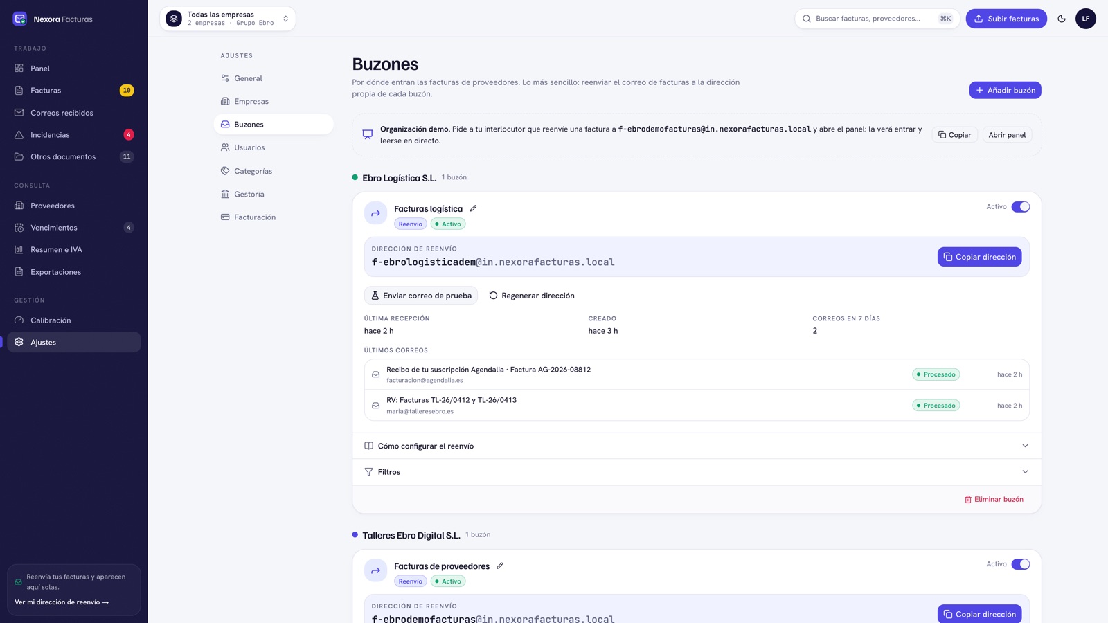 Configuración de buzones y dirección de reenvío